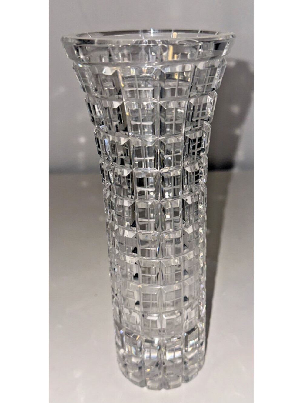 Lausitzer Glas Lead Crystal Hand Cut Vase Cube Pattern Diamond Cut Lines Vintage